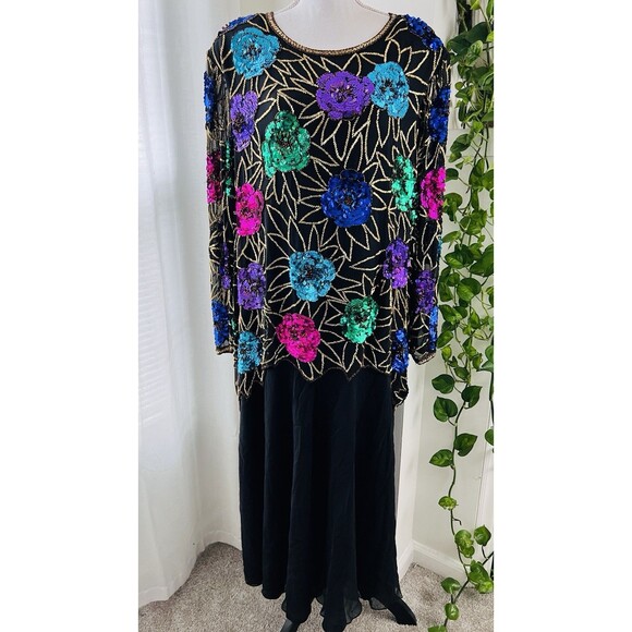 Stunning Morgan Taylor Evening 100% Silk Colorful Floral Chiffon Dress - Plus 3X - Picture 2 of 10